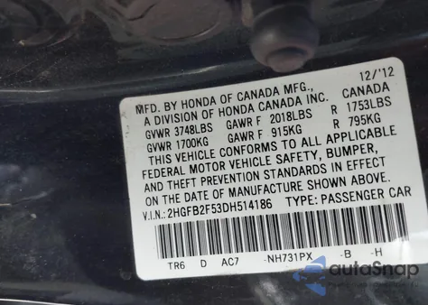 2013 Honda Civic Lx z USA, uszkodzony, nr VIN 2HGFB2F53DH514186